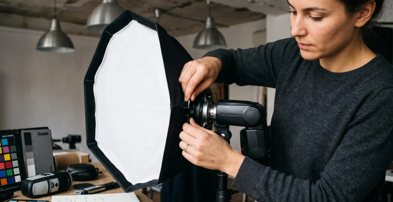Mains d'une étudiante ajustant un softbox octogonal monté sur flash de studio, avec colorimètre et charte de gris sur table de travail en arrière-plan