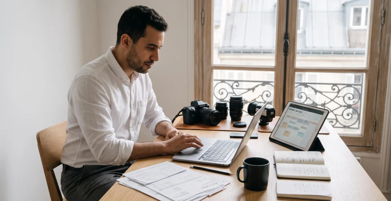Photographe professionnel travaillant à son bureau parisien avec ordinateur portable, documents de facturation et tablette, appareil photo en arrière-plan, lumière naturelle par fenêtre haussmannienne