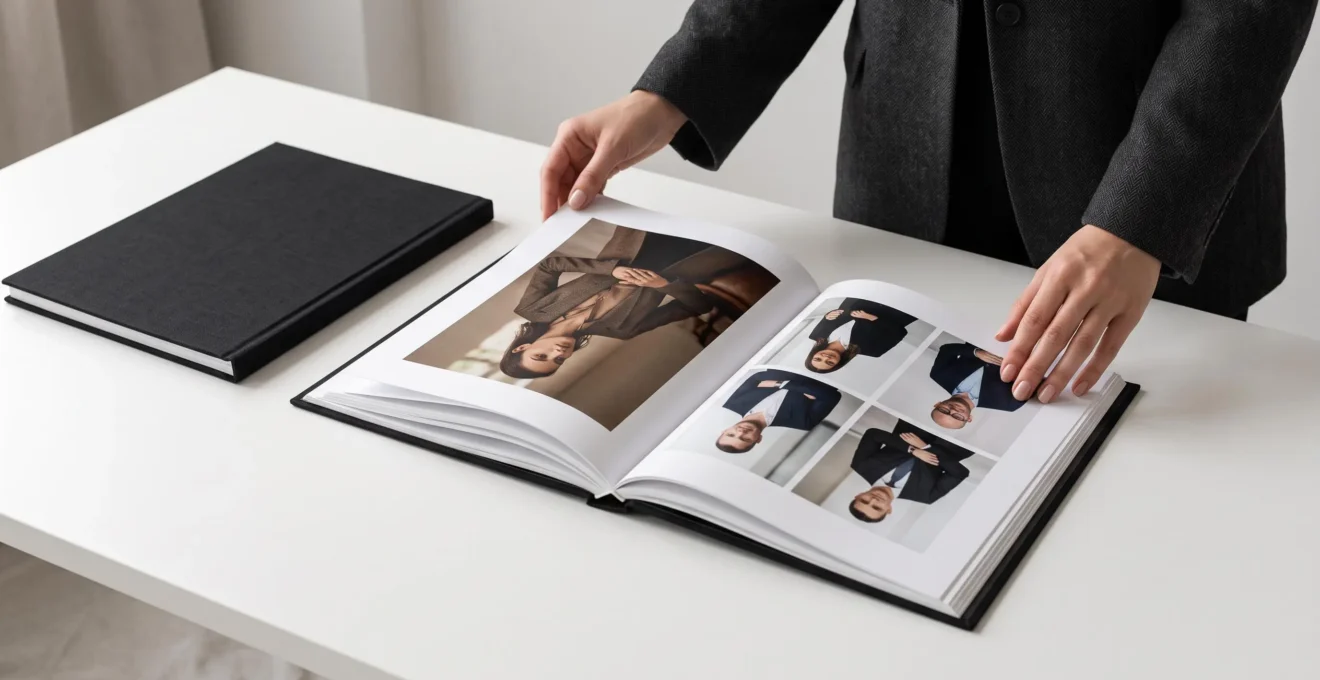 Portfolio photographique professionnel ouvert sur table blanche, pages imprimées haute qualité montrant photographies studio, mains tournant délicatement une page, second portfolio fermé à couverture lin noir à côté
