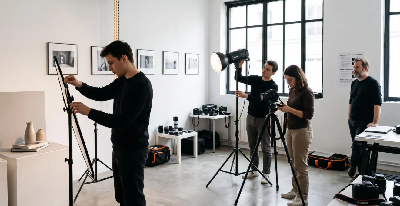 Salle de formation photographique avec trois étudiants manipulant des flashs de studio professionnels sur trépieds, formateur observant en arrière-plan, lumière naturelle par grandes fenêtres, murs blancs avec tirages encadrés