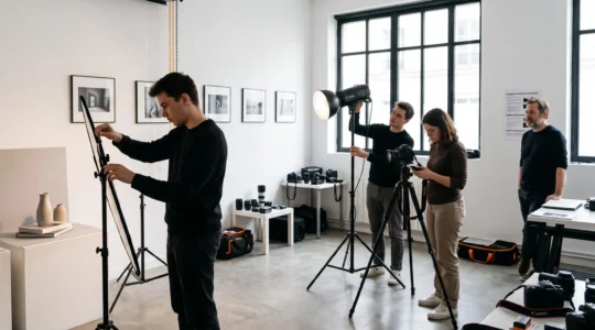 Salle de formation photographique avec trois étudiants manipulant des flashs de studio professionnels sur trépieds, formateur observant en arrière-plan, lumière naturelle par grandes fenêtres, murs blancs avec tirages encadrés